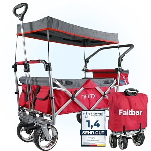 IMLEX Bollerwagen faltbar mit Dach IM-4268 Rot | Hohe Stabilität, 1X 3-Punkt Gurtsystem | Handwagen klappbar mit Schiebegriff ideal für 2 Kinder
