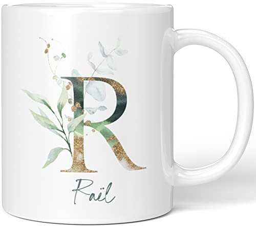 JUNIWORDS Tasse, Raël, Name Anfangsbuchstabe Initial Alphabet Floral Buchstabe R Monogramm Motiv, Weiß (5474861)
