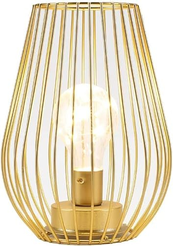 TRIROCKS Batteriebetriebene Lampe aus Metall 21 cm Hoch Käfigform Kabellose Tischlampe Batterielaternen mit Warmer Lichterkette für Terrasse Garten Drinnen und Draußen (Golden)