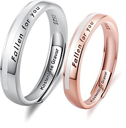 Whoiy Verlobungsring Paar Silber 925, Paarringe für Sie und Ihn Pärchen Ringe für 2 Gravur Fallen for You Bicolor Rosegold Weissgold 3mm/4mm