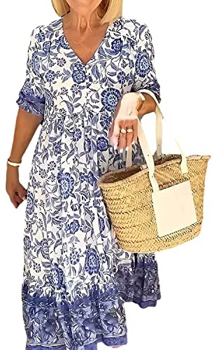 LULAND Boho-Kleid mit V-Ausschnitt, Blumen-Boho-Kleid, Blumen-Midi-Kleid für Frauen