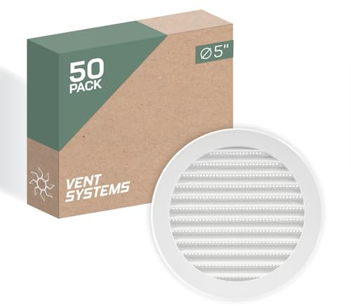 Vent Systems 125 mm / 5 Inch Round Soffit Vent Cover - Pack of 50 - White Louvered Plastic Grill Cover - Vent Grille with Screen Mesh - HVAC, Ducting, Pipe Air Supply Vents for Bathroom, Kitchen