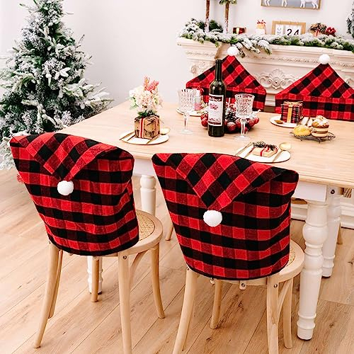 TSLBW 4 Stück Weihnachten Stuhlhussen, Stuhlhussen mit Weihnachtsmannmütze, Stuhlbezug Nikolaus Weihnachtsdeko für Weihnachten, Esszimmer, Küche, Party, Dekoration (Rot)