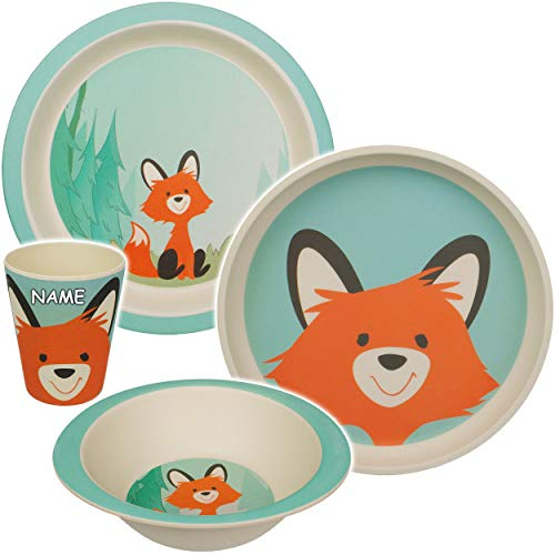 alles-meine.de GmbH 4 TLG. Set - Kunststoff - Geschirrset - Fuchs & Waldtiere - inkl. Name - BPA frei - Kunststoffgeschirr - Trinktasse + Teller + Müslischale - Spülmaschinenfest..