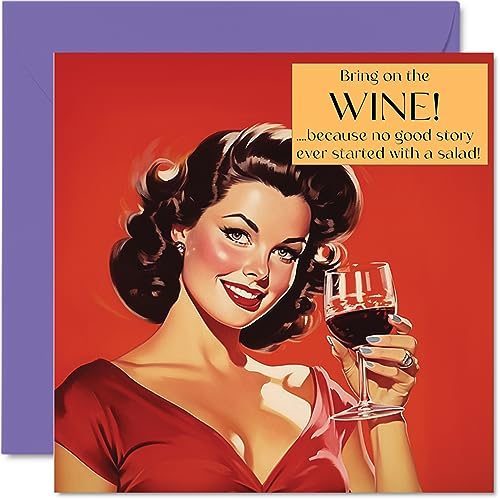 Lustige Geburtstagskarte für Frauen – Bring On The Wine – Geburtstagskarte für Schwester, Tochter, Bestie, Arbeitskollegin, 145 mm x 145 mm, Witz, Humor, Scherz, Geburtstag, Grußkarten
