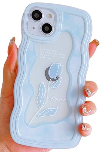UICEAM Compatible with iPhone 11 Case Clear with Floral Design for Women Girls,Aesthetic Cute Wavy Flowers Soft Shockproof Cell Phone Cover for iPhone 11 6.1 Inch (Tulip/Blue)
