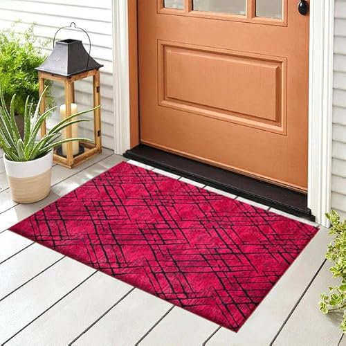 OZMIC Door Matts Indoor - 50 x 80 cm, Burgundy, Distressed Flatweave Non Slip Solid Abstract Design Patterned Washable Kitchen Rug Door Mat
