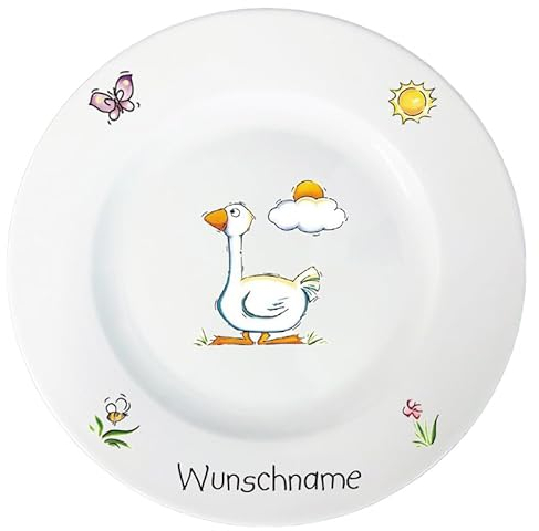 Doriantrade Speiseteller 27cm Kinderteller Teller Porzellan Gans personalisierbar mit Wunschname Name Kindergeschirr mit Namen personalisiert