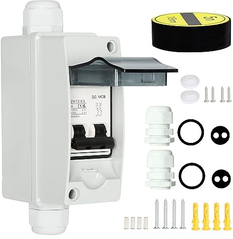 DEWIN Disjoncteur, Disjoncteur Solaire Photovoltaïque Interrupteur Isolateur PV DC Disjoncteurs électriques avec Boîte de Distribution étanche IP65 2P 16A DC 1000V