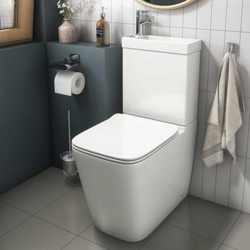 Baystone® Provence Modern Bathroom Cloakroom 2 in 1 Close Coupled Toilet & Wash Basin Combi Set Combined WC Sink with Tap & Waste Square Pan, White Gloss