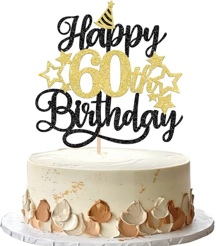 Xsstarmi 1 Pack Happy 60th Birthday Cake Topper Star Hat Glitter Cheers to 60 Years Birthday Cake Pick 60 Fabulous Cake Decorations for Happy 60th Birthday Anniversary Party Supplies Black Gold