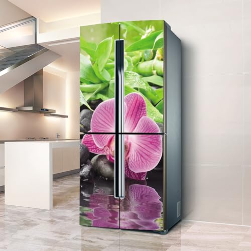 Fridge Wraps Kitchen Fridge Stickers Cover Full Doors, Fridge Sticker Full Covering Door Fridge Covers Skins Wall Stickers for Kitchen Decal, Pink Phalaenopsis Green Bamboo