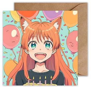 WBdesignz Anime Geburtstagskarte mit Umschlag - Neko Girl Anime Geburtstags Glückwunsch Karte Otaku Geburtstagsparty Karte (125 x 125 mm)