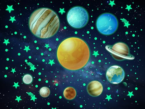 Hitopin 9 Planeten Wandsticker Leuchtaufkleber,Leuchtsterne Leuchtsticker Wandtattoo,Sonnensystem Sterne Fluoreszierend Wandaufkleber, Sternenhimmel Aufkleber Leuchtsticker, für Kinderzimmeraufkleber
