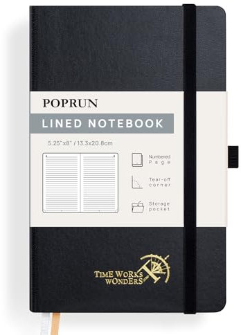 POPRUN Notizbuch A5 liniert, 120 GSM Papier für Frauen und Männer, 128 nummerierte Seiten, Hardcover mit Selbstklebenden Registerkarten und 8 Abreißblättern - Schwarz