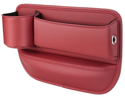 Car Leather Cup Holder Gap Bag,Car Seat Gap Filler Organizer,Leather Car Seat Storage Box with Water Cup Holder,Car Storage Front Seat (Left red)