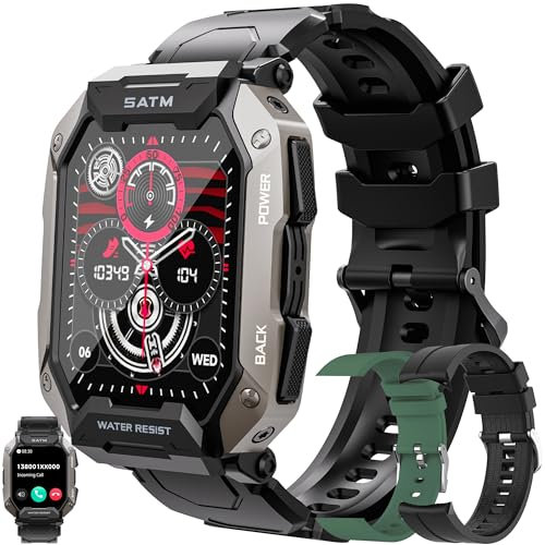 Smartwatch Herren mit Telefonfunktion, 1,81” AMOLED 5ATM Smart Watch Fitness Tracker 123 Sportmodi Aktivitätstracker mit Blutdruck Schlafmonitor Armbanduhr für IOS Android, 3 Uhrenarmbänder (Schwarz)