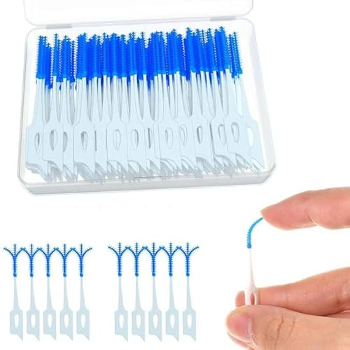 200-Count Silicone Interdental Brushes | Blue Dental Floss Sticks | Effective Plaque Removal | Gentle on Gums | Easy-to-Use Teeth Cleaning Tool | Includes Storage Box