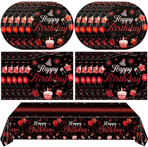 Red & Black Birthday Decorations - Party Supplies Set with Confetti Sprinkles, Includes Disposable Paper Plates & Napkins, Tablecloth for Boys & Girls