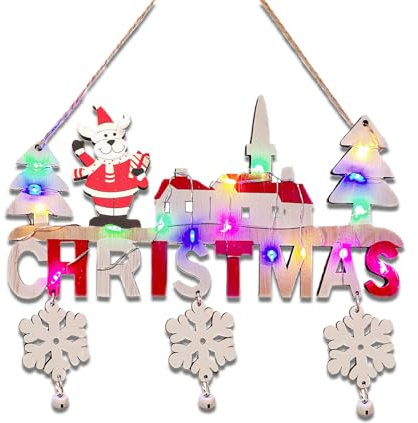KEELYY Decorazione da appendere in legno con scritta natalizia e catena luminosa a LED, in legno, per porta, finestra, parete o albero di Natale, alce