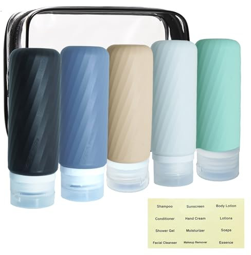 Laxen 5 Pack Travel Bottles for Toiletries with Labels, 100ML Silicone Travel Bottles Set with Clear Zipper Toiletry Bag, Leakproof Refillable Squeeze Travel Size Containers for Shampoo Conditioner