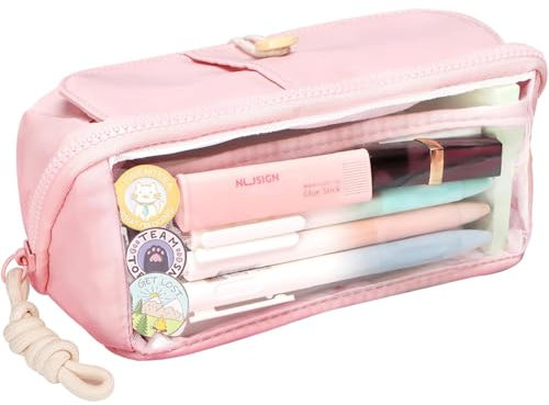 Federmäppchen,Etui Große Kapazität 3 Fach Federtaschen Unisex Mäppchen Stiftetasche Bleistift Beutel Schulsachen Pencil Case mit Tragegriff für Schule Büro Mädchen Damen Student Rosa Transparent
