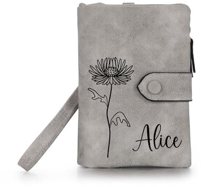 OTXIXTO Portefeuille Cuir Personnalisés pour Femme Nom Fleur de Naissance Portefeuille avec Zippé Porte-Monnaie avec Courroie de Poignet Mesdames Portefeuille pour Petite Amie Épouse Maman - Gris