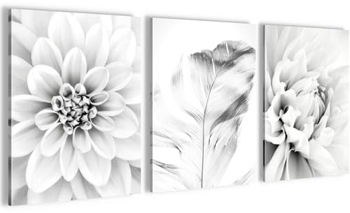 Novart Wandbilder Set Blumen Vintage - KOMPLETT AUFHÄNGFERTIG - Wohnzimmer Schlafzimmer Flur Deko - 3 Moderne Bilder Grau - N033535b