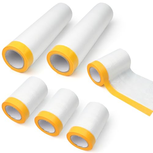 DBTW 6 Rolls Painters Masking Film, Pre Taped Dust Sheets, Self Adhesive | 52m² Coverage Helps Protect Furniture, Floors and Trim During Decorating; Waterproof Plastic Removes Cleanly