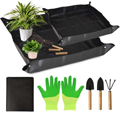 Gartenmatte Pflanzmatte,2 Stück wasserdichte Pflanzen Umtopfmatte,Faltbare Pflanzenmattemit Gartenwerkzeug für Gartenbaubepflanzung Umpflanzen Beschneiden Umtopfen(100x100cm, 66x66cm Schwarz)