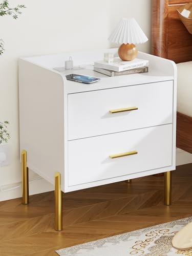 FiveWillowise Bedside Table with Charging Station, Nightstand with 2 Drawers, Side End Tables with Golden Legs and Handles, Bedside Cabinet for Modern Home