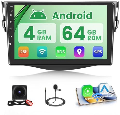 4G+64G Car Stereo for Toyota RAV4 2006-2012 Wireless Apple CarPlay DSP 5G WiFi, 9” IPS Android 15 1280 * 720 Touchscreen Radio Android Auto Bluetooth GPS Navi FM/RDS SWC+Free Backup Camera Mic