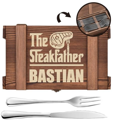 Maverton Steakbesteck 12-teilig - 6 Steakmesser und 6 Steakgabel - Edelstahl Grillbesteck in Holzkiste - personalisierte Geschenke für Männer - Besteck Set für 6 Personen