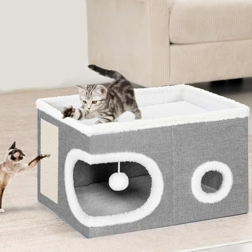 BAKAJI Cuccia per Gatti con Ingresso Tondo e Bordo in Lana, Casetta Rifugio per Animali Domestici, Tiragraffi in Poliestere Caldo e Imbottito, Cuccetta Graffiatoio Base Antiscivolo 58x42x33cm (Grigio)