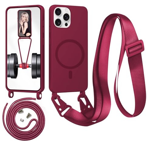 Beajew Handykette für iPhone 12 Pro/iPhone 12 Hülle mit Band [Kompatibel mit Magsafe] Flüssig Silikon Necklace Handyhülle Magnetische Schutzhülle zum Umhängen Kordel für iPhone 12, Rot