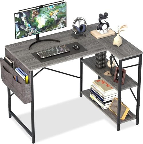 Garden 4 you L Shaped Gaming Desk, Computer Desk with Storage Bag,100x70 cm Corner Computer Desk Writing Table with Large Storage Shelves, Office Workstation Tables, Laptop Table,Gray