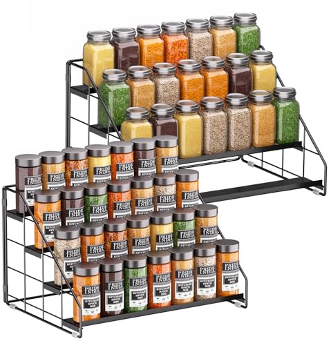 THYGIFTREE 4 Etagen Gewürzregale Ohne Bohren, Einstellbar Gewürzregal Stehend, gewürztreppe, gewürze organizer schrank gewürzaufbewahrung für Küche, Arbeitsplatte, Speisekammer (Schwarz, 2-Pack)