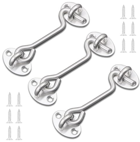 3Pcs 3 Inch Gate Hook and Eye Latch, 75mm/3inch Stainless Steel Gate Hook Cabin Hooks, Eye Latch Door Lock Hooks Lock, Apply to Wooden Gates, Window Brace Gate Door Catch(3inch)