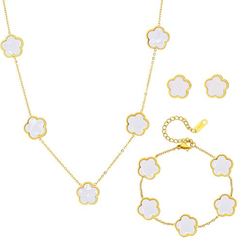 AOWVUTS Vierblättriges Kleeblatt Schmuckset für Damen und Mädchen 18K Vergoldet Edelstahl Blumen Anhänger Halskette Ohrringe Armband Glücksklee Schmuck Set für Geschenke Geburtstags