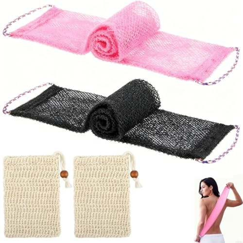 African Net Sponge, 2 Pièces Filet De Douche Africain avec 2 Pièces Filet Savon, Nylon Exfoliant Douche Nets Avec Corde à Main pour Brosse Dos pour Hommes, Femmes