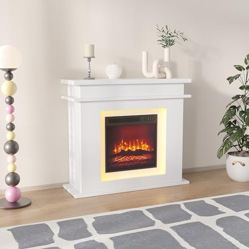 Elektrischer Wandkamin, elektrischer Kamin für die Wand, mit 3D-Flammeneffekt, dekorativ, selbsttragend, mit Farbe und verstellbaren LEDs, elektrische Heizung (Blanc, 101 x 35 x 89)