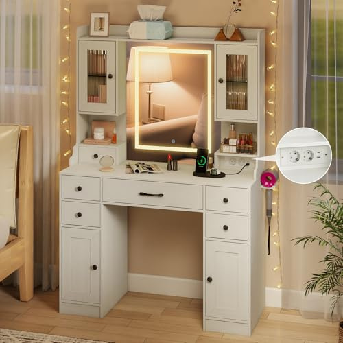 HOMASIS Schminktisch mit Beleuchtung, 3 Farben mit Verstellbarer Helligkeit, Kosmetiktisch mit Spiegel, Frisiertisch mit Schubladen, Schränke & Regalen, Make up Tisch mit Steckdosen & USB & Type-C