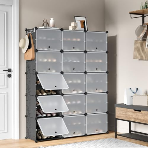 Mondeer 3x10 Tier Shoe Storage Cabinet Stores 60 Pairs, Shoe Rack, Black | Modular Plastic Shoe Organizer with Removable Shelf and Hooks, for Hallway Entryway Closet