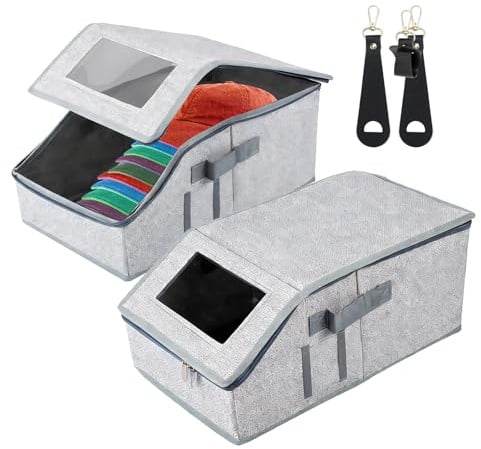 Hanlintk Set di 2 organizer per cappelli da baseball, impilabile con coperchio trasparente e superficie in lino traspirante, salvaspazio, per riporre fino a 48 tappi