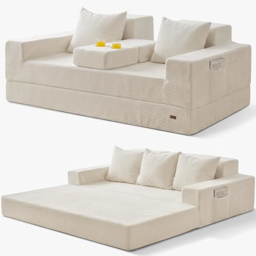 MAXYOYO Schlafsofa, Cord-Bodencouch, Klappsofa mit Getränkehalter und Dekokissen, Bequemes Kompressionssofa für Wohnzimmer, Schlafzimmer, Gästezimmer, Beige, 3-Sitzer