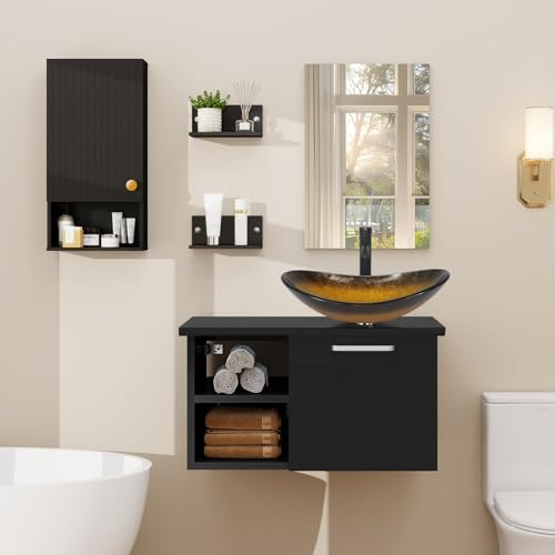 ZealWe Badmöbel Set (Waschbecken mit Unterschrank Spiegel Hängeschrank), Waschbeckenunterschrank 71cm Waschtish, Wandschrank Hängend mit Verstellbaren Ablagen, Wasserhahn Set, Schwarz Gold