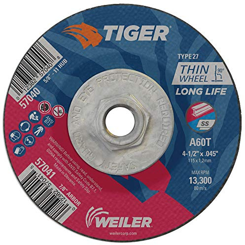 Weiler 57040 4-1/2 Inch Cutting Wheel, Tiger AO Steel/Metal Long Life Performance Cutting, .045 A60T Type 27 5/8-11 Hub, Pack of 10