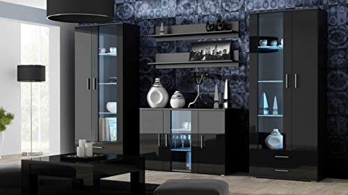 Wohnwand SOHO 10 mit Blauer LED Beleuchtung, Anbauwand, Wohnzimmerschrank, Schrankwand, Vitrine, Lowboard, Hängeregal (Schwarz/Schwarz Hochglanz)