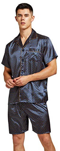 Sanraflic Men's Short Sleeve Satin Pyjama Set with Shorts (Blue Golden, Large)