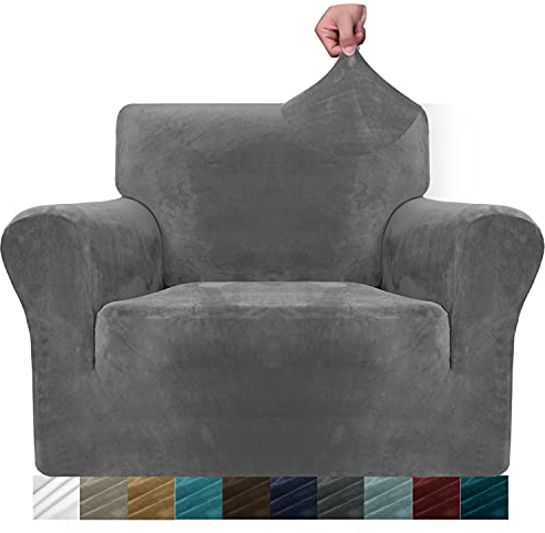 MAXIJIN Stuhlhussen aus Samt für Sessel, dehnbar, rutschfest, 1-Sitzer, für Hunde, Wohnzimmer, 1 Stück, elastischer Sofabezug mit Armen (1-Sitzer, grau)